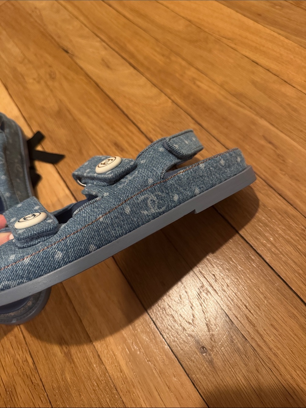CHANEL Denim Blue Logo Button Gladiator Sandals - Picture 2 of 5
